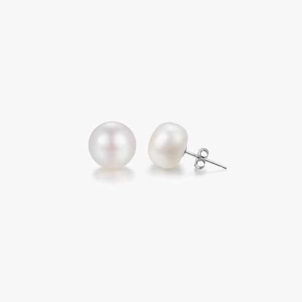 silver button pearl stud earrings