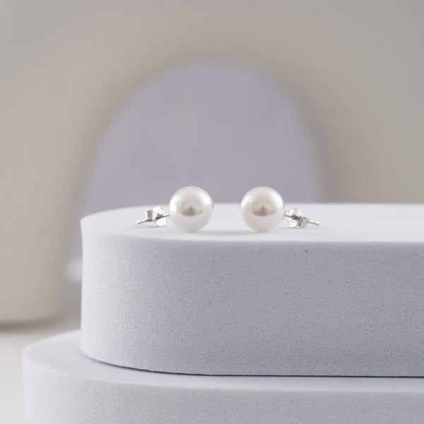 June Birthstone Silver Pearl Stud Earrings