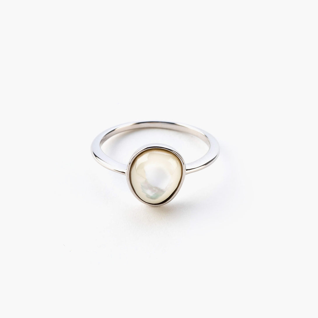 serene silver mother of pearl ring closeup